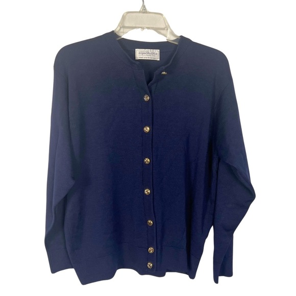 Vintage Equorian Heritage Blue Lambswool Preppy Button Cardigan Sweater Large - Picture 1 of 10